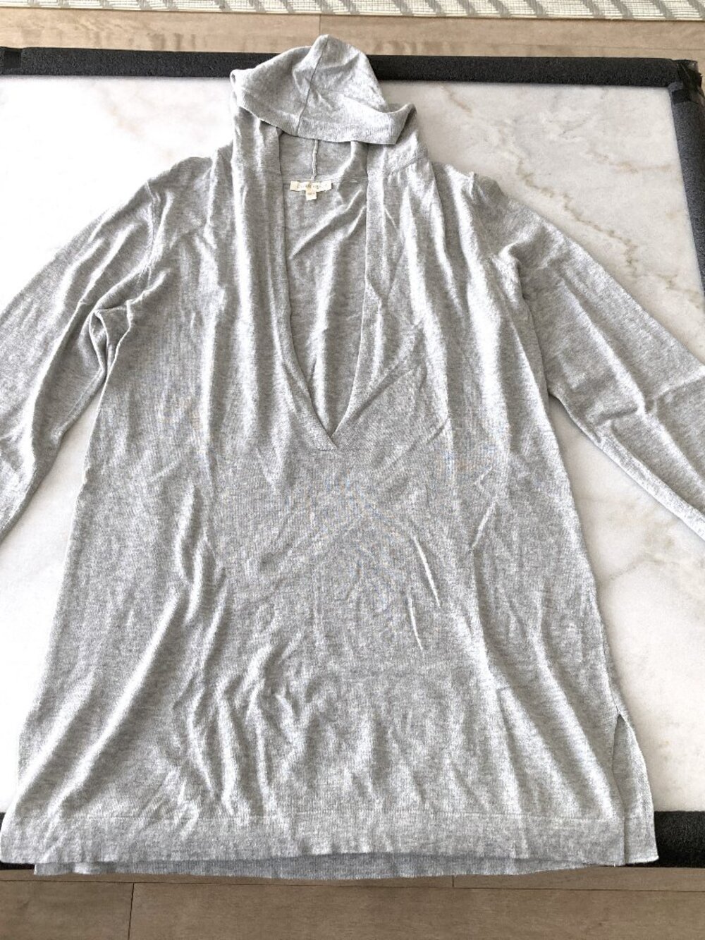 Eileen Fisher grey sweater, knit pullover with hood, cotton & cashmere neutral